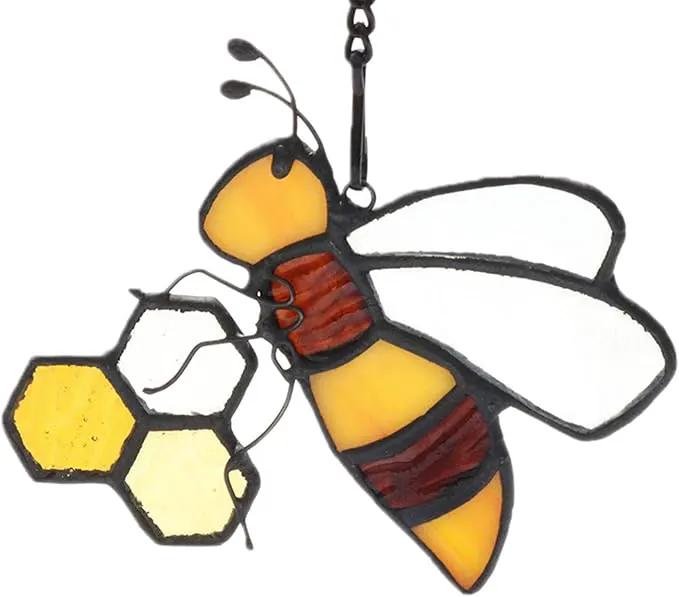 Bee On Honeycomb Stained Glass Window Hangings, Bee Suncatcher Garden Bee Decor Bee Gift for Mom Women by GreenHaven Gardens