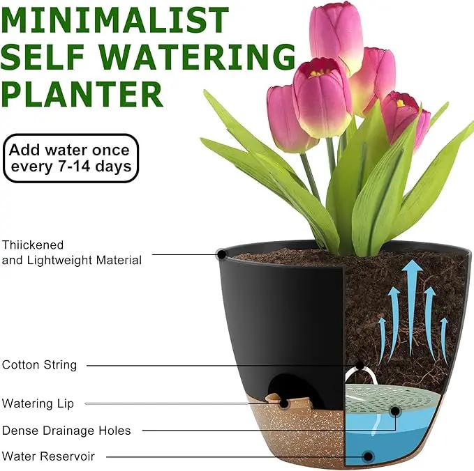 Plant Pots 10/9/8/7.5/7 Inch Self Watering Pots, Set of 5 Plastic Planters with Drainage Holes and Saucers,Plastic Flower Pots,Nursery Planting Pot for Indoor Out Door Plants(Black Brown) by GreenHaven Gardens