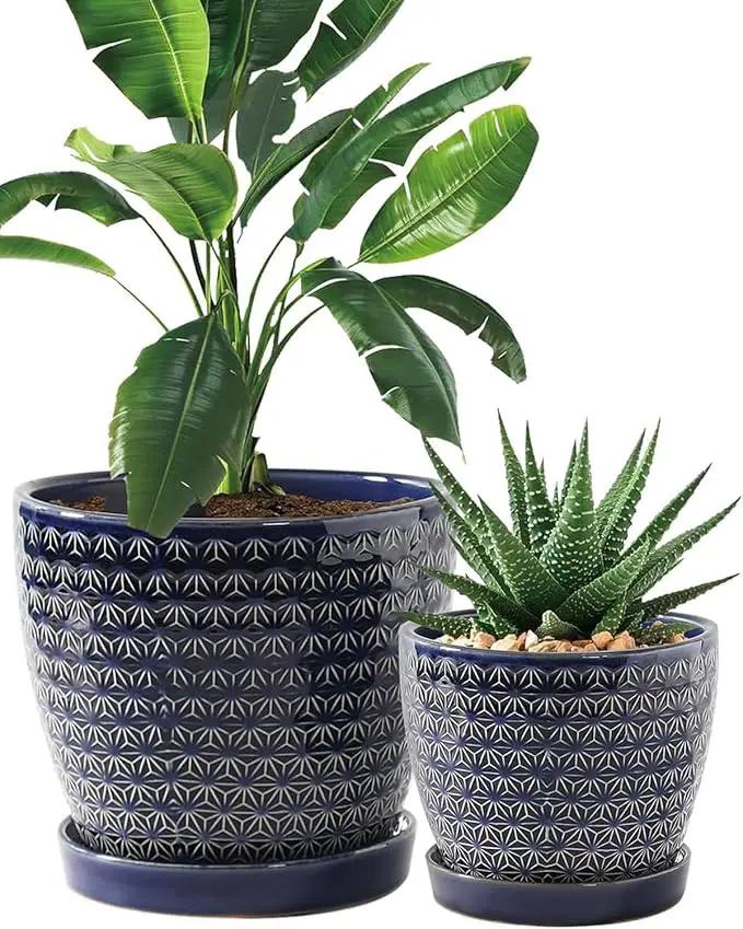 Plant Pots, Flower Pots, Planters for Indoor Plants(6.5+5.5inch), Flower Pots for Indoor Plants with Drainage Hole and Saucer, Ceramic Pots for Plants with Hole Mesh Pad,Reactive Glaze Blue by GreenHaven Gardens