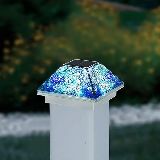 2PK Mosaic Solar Post Cap Lights Outdoor for 4x4, 3.5x3.5 Post Crackled Glass Deck Fence Lamp Weatherproof LED Light Decor in Garden, Yard, Outdoor Table, Balcony, Landscape- Cyan Blue by GreenHaven Gardens