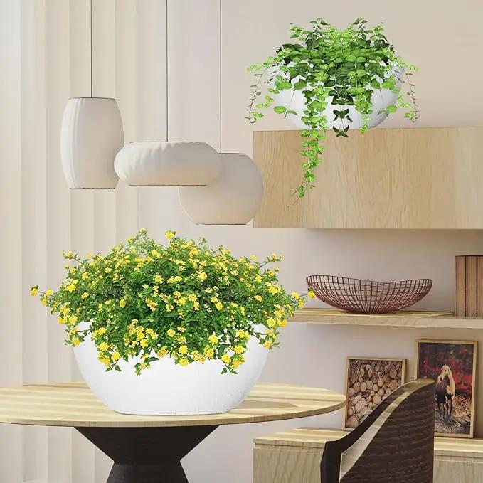 WOUSIWER 13 inch 2Pack Large Hanging Planters for Outdoor Indoor Plants with Drainage Holes and Chain, Round Hanging Flower Pots for Garden Home Porch Decor, White by GreenHaven Gardens