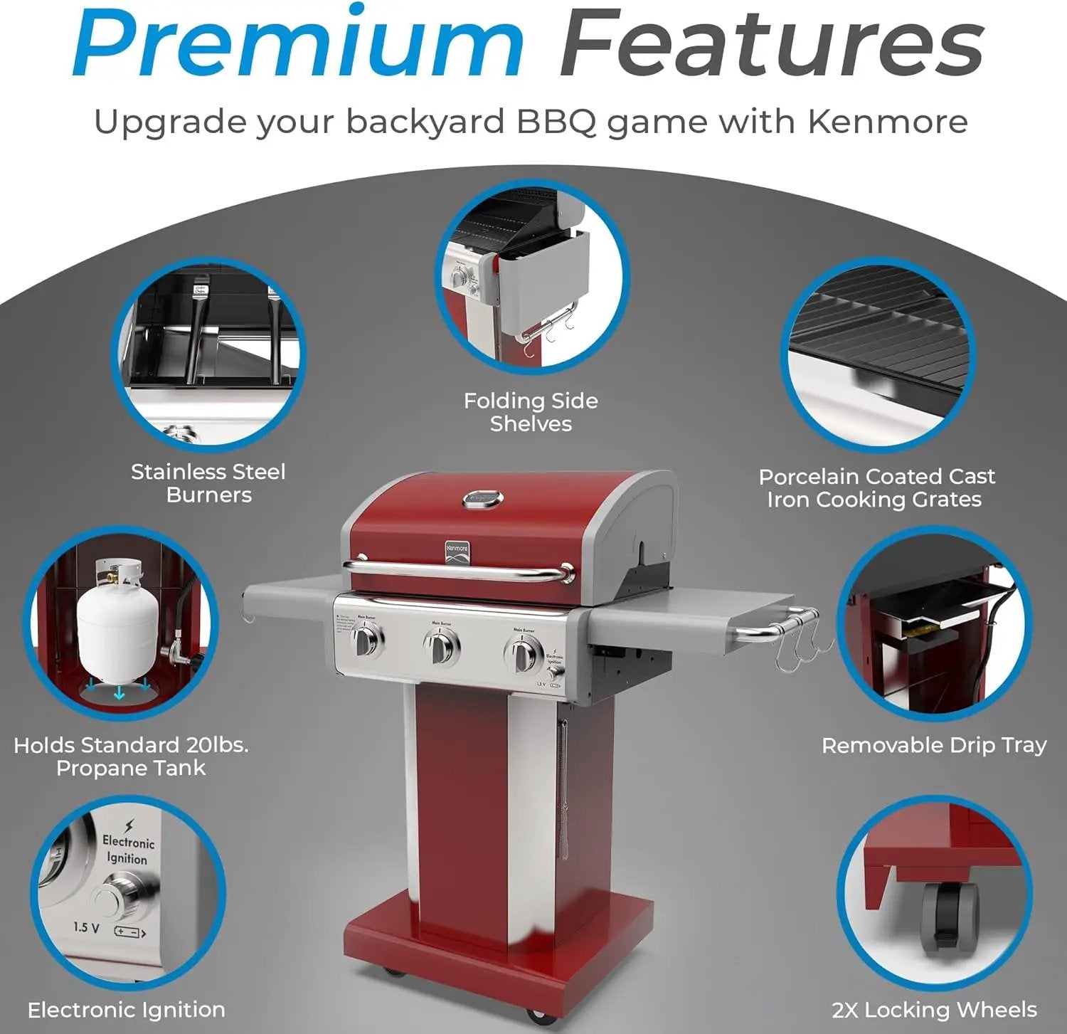 Kenmore 3-Burner Outdoor BBQ Grill | Liquid Propane Barbecue Gas Grill with Folding Sides, PG-A4030400LD-RD, Pedestal Grill with Wheels, 30000 BTU, Red by GreenHaven Gardens