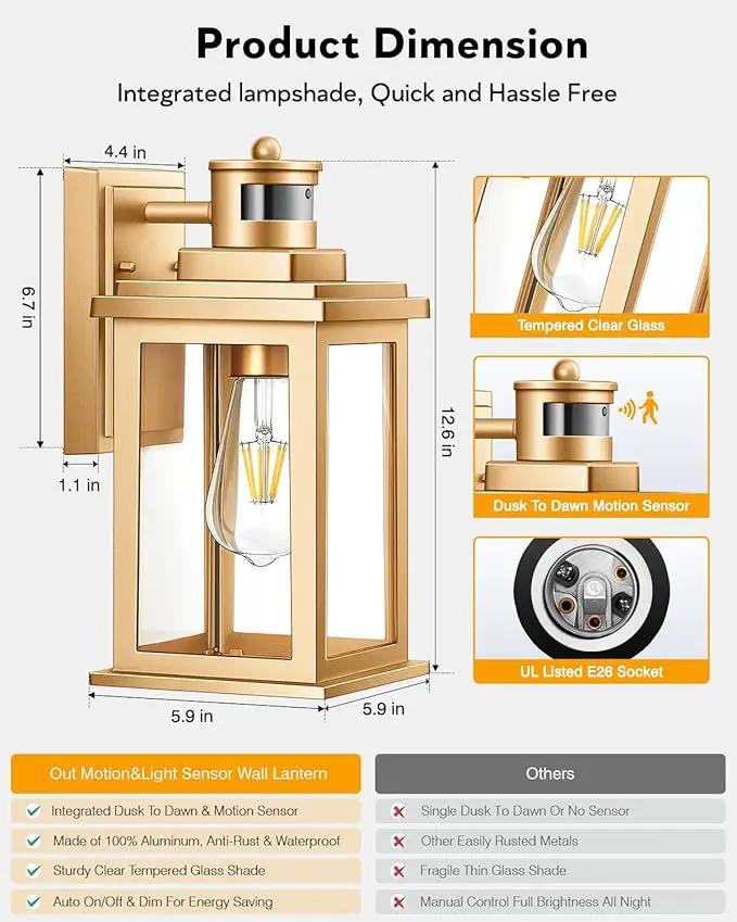 VIANIS Motion Sensor Exterior Lights for House, Dusk to Dawn Outdoor Light Fixture Lantern, Gold Waterproof Outdoor Motion Sensor Light for House, Doorway, Entryway, Garden, Hardwired, Non-Solar by GreenHaven Gardens