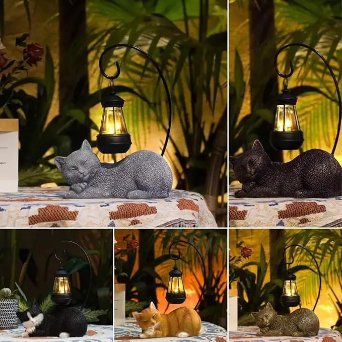 Solar Cat Garden Statue with Lantern, 13 Inch Tall Figurine for Outdoor Decor, Yard, Patio, Lawn and Porch, Solar-Powered Lights Sculpture by GreenHaven Gardens