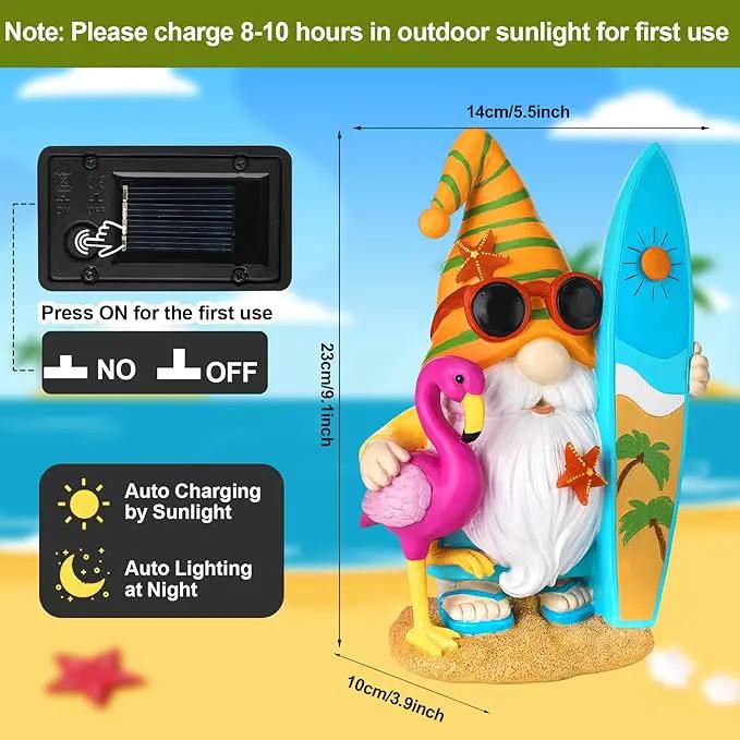 Funny Solar Gnomes Garden Decor Surfer Gnome Figurine with Flamingo Summer Beach Gnomes Solar Light Outdoor Funny Lawn Statue for Patio, Lawn, Yard, Porch,holiday Women Gift,9.1 Inch Tall by GreenHaven Gardens