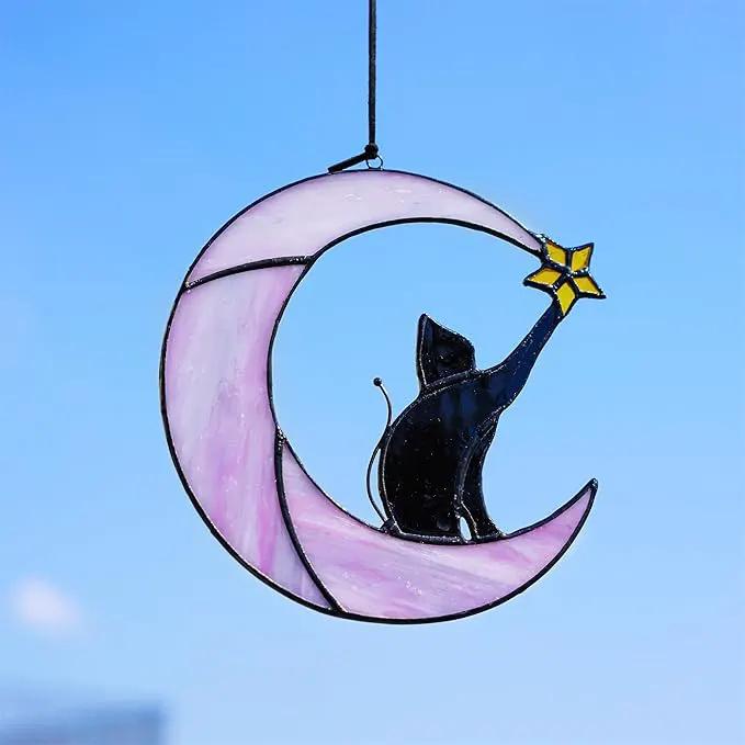 HDCRYSTALGIFTS 6.5'' Black Cat Decor on Purple Moon Stained Glass Window Hanging Suncatcher,Wall Art Glass Window Panel Sun Catcher,Halloween Ornament Decoration Memorial Gift for Lover Cat Loss by GreenHaven Gardens