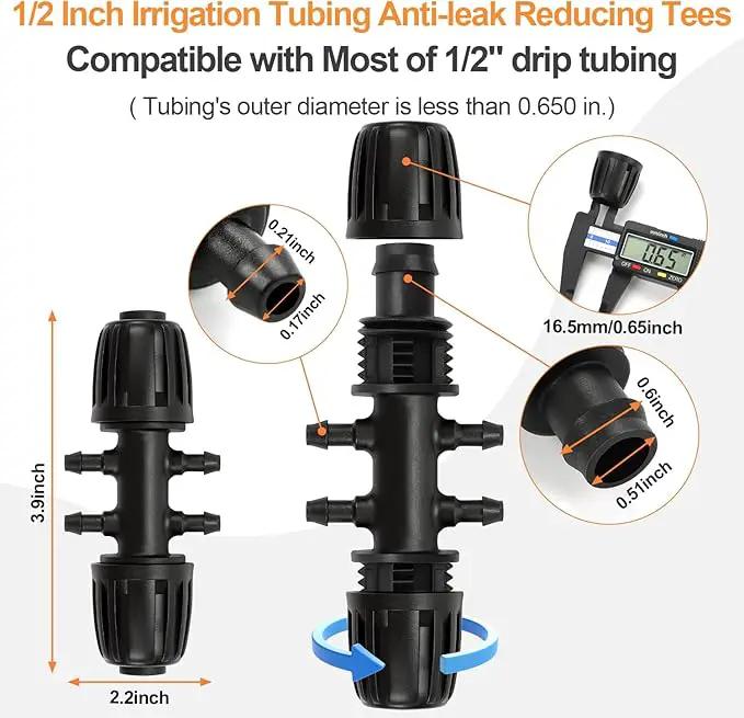 12 Pcs 1/2 inch to 1/4 inch Drip Irrigation Tubing Fittings, 1/2" Drip Tubing (1/2" ID x 0.65" OD) to 4 Way 1/4" Irrigation Tubing Locked Barbed Reducing Tee Connectors for Garden Systems by GreenHaven Gardens