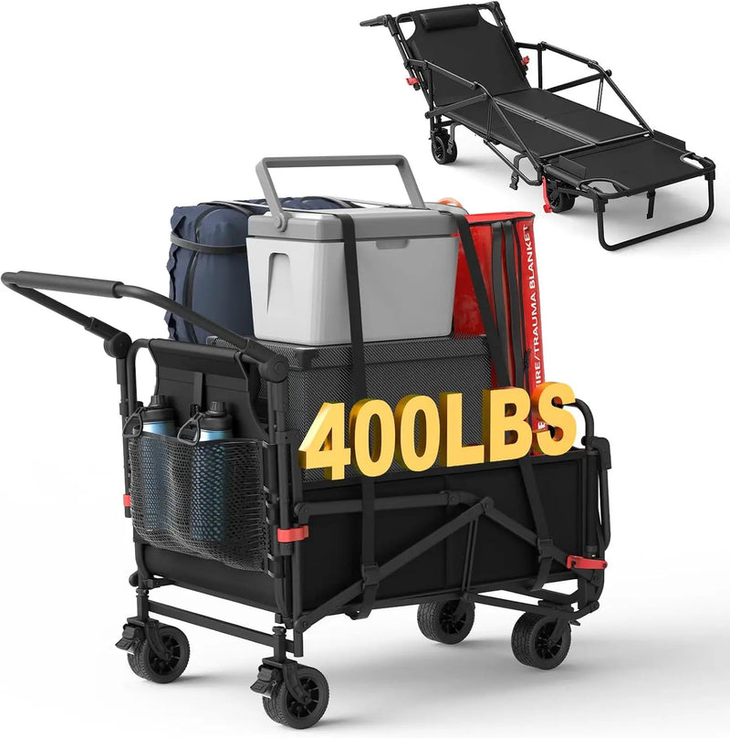 LEVELEVE Heavy Duty Folding Wagon - 2-in-1 Collapsible Cart, 400lb Capacity, All-Terrain Wheels w/Brakes & Side Pockets (Black) by GreenHaven Gardens