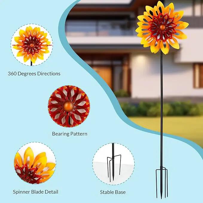 Sunflower Wind Spinners, 360 Degrees Swivel Metal Wind Sculptures, 62" Garden Pinwheels for Yard Lawn Patio Decor by GreenHaven Gardens