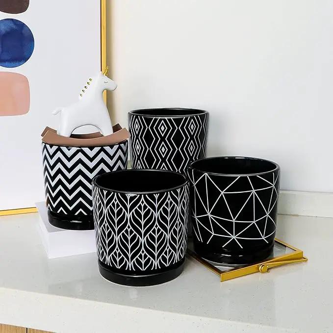 Ton Sin Flower Pots,5.5 Inch Black Ceramic Planter with Drainage Hole,Indoor Cylinder Plant Pots with Saucer,Cactus Succulent Outdoor Garden Pots Set of 4 by GreenHaven Gardens