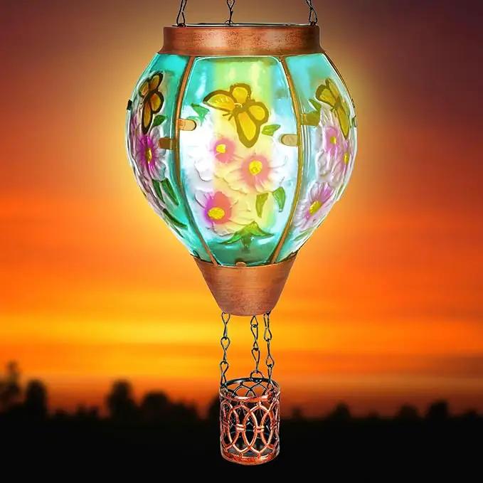 2 Pack Solar Hot Air Balloon Lantern with Flame， Butterfly Glass Outdoor Solar Lanterns for Outside Hanging Farmhouse Patio Pathway Decor, Butterfly Gifts for Women Grandma Mom - Butterfly by GreenHaven Gardens