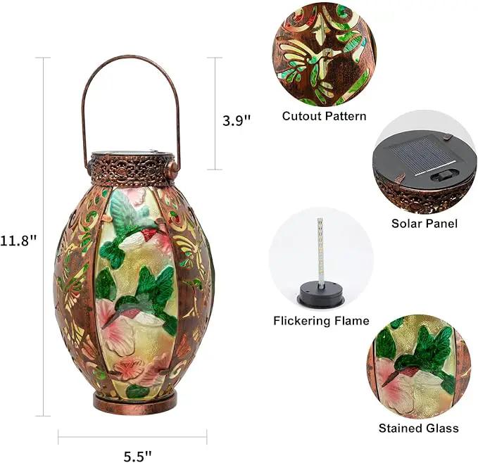 Hanging Solar Lantern Outdoor Waterproof Glass Solar Hummingbird Flickering Flame LED Garden Lights Metal Hollowed-Out Table Lamps Garden Decorations for Yard Patio Pathway Tabletop Tree Holiday by GreenHaven Gardens