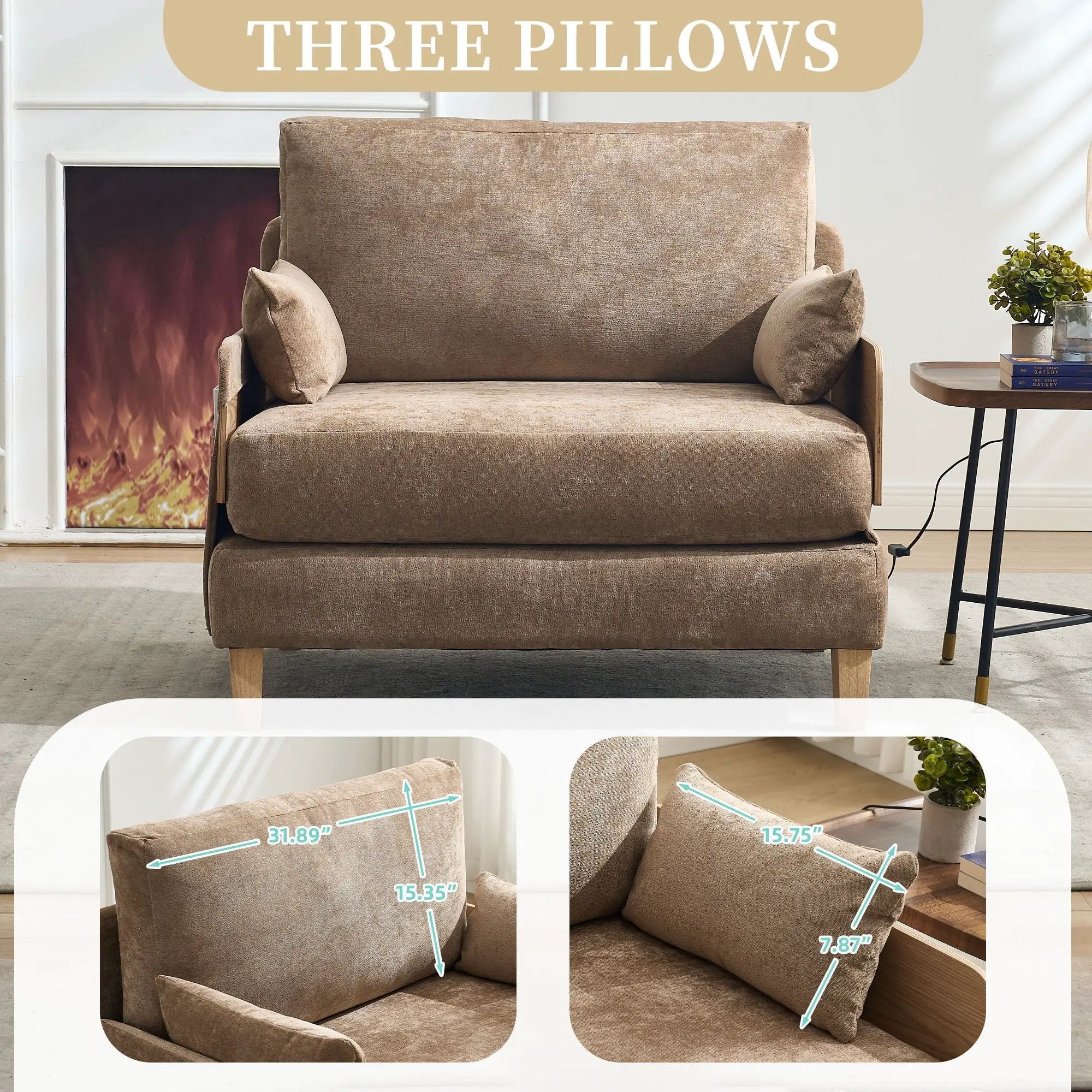 Mid Century Modern Foldable Sofa Bed, 3 In 1 Convertible Sleeper With 3 Pillows by Unique Piece Furniture