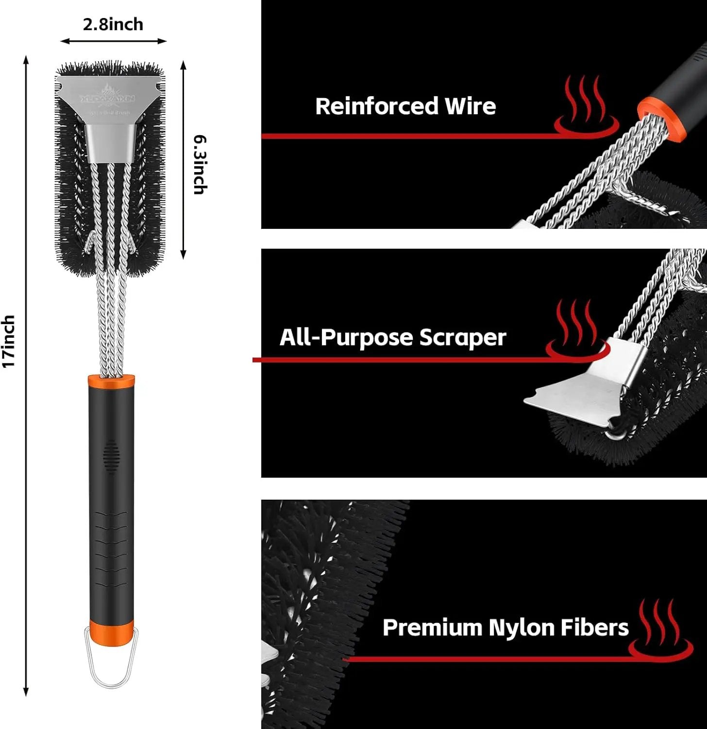 Grill Brush and Scraper, Safe Nylon Bristles Barbecue Triple Scrubbers Cleaning Brush for Cast Iron Grates/Porcelain/Weber Gas/Charcoal Grill，Extra Strong BBQ Cleaner Accessories (Black) by GreenHaven Gardens