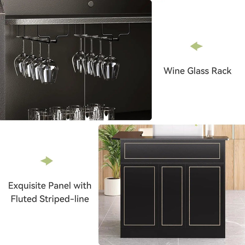 L-Shaped Home Bar Cabinet With Stemware Racks, 4 Tier Corner Unit, Liquor Wine Bar Table & Reception Desk For Home Pub - Black by HouseOfZazla