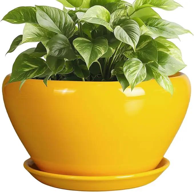 Ceramic Planter 9 Inch - Mid-Century Round Modern Plant Pot Indoor with Drainage Hole and Saucer for Outdoor Plants, Balcony House Garden Patio Home Decor, Yellow by GreenHaven Gardens