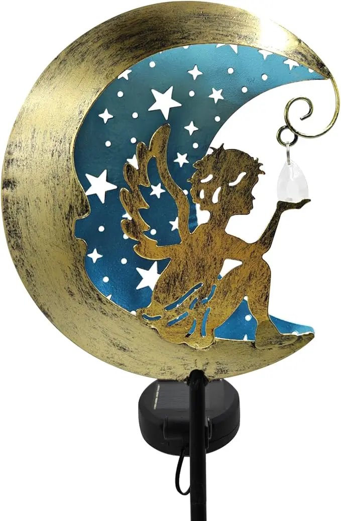 Solar Angel Moon Garden Stake Light – Outdoor Metal Yard Decoration with Crystal Pendant, Waterproof LED Light for Patio, Pathway, Lawn – Rustic Gold & Blue by GreenHaven Gardens