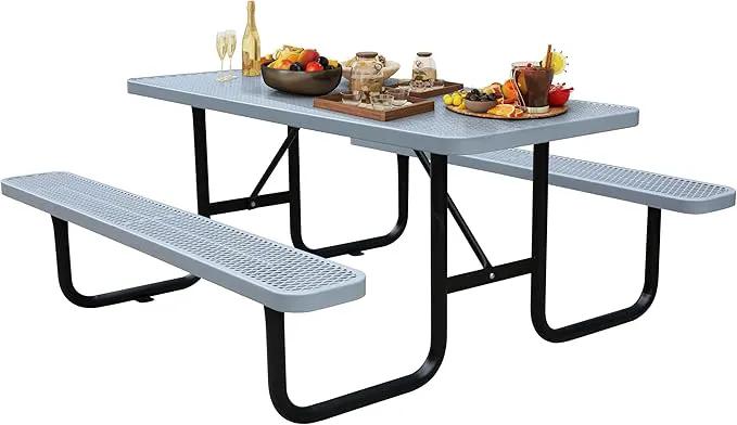 6FT Metal Picnic Tables for Outdoors, Commercial Rectangular Picnic Table and Bench Set for Outside, Patio, Garden, Backyard, Porch, Surface Mount, Grey by GreenHaven Gardens