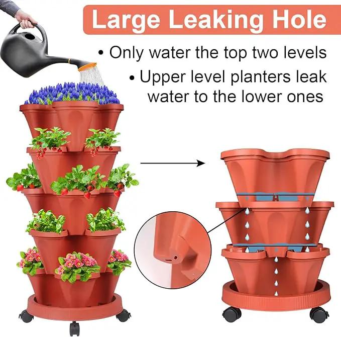 DUNCHATY Stackable Planters 5 Tier Vertical Garden Planting Tower Planters Strawberry, Herb, Flower, and Vegetable Planter Indoor Outdoor Gardening Pots with Removable Wheels and Tools by GreenHaven Gardens