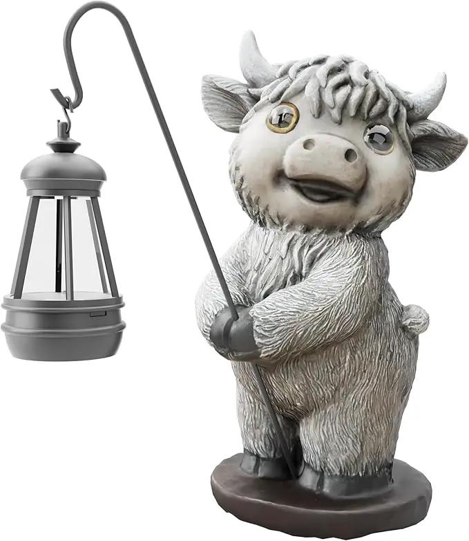 Highland Cow Statues with Solar Lights, Highland Cow Resin Figurine Lights, Highland Cow Ornaments for Patio, Balcony, Indoor Decoration and as Gifts by GreenHaven Gardens