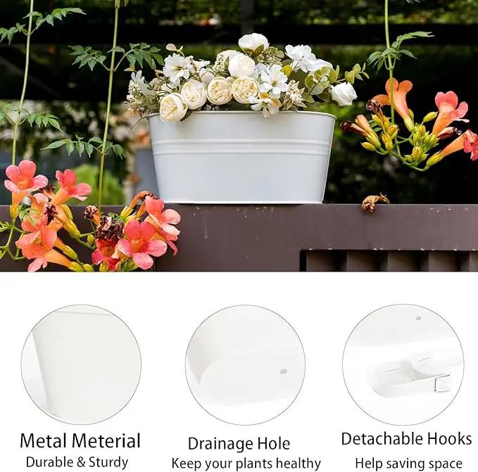 3 Pack Metal Hanging Flower Pots for Railing Fence，Outdoor Balcony Rail Planter with Detachable Hooks Drainage Holes for Deck Garden Home Decor White by GreenHaven Gardens