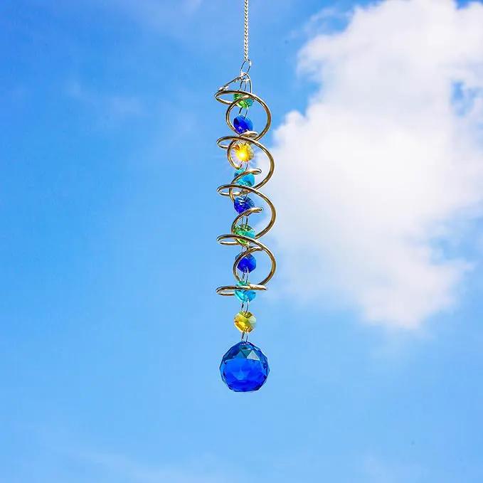 H&D HYALINE & DORA 17.7inch Gazing Ball Spiral Tail,Decorative Wind Spinner Sun Catcher,Rainbow Maker Double-Spiral W/Sea Blue Crystal Ball and Chain,Glass Crystals for Indoor Outdoor Decoration by GreenHaven Gardens