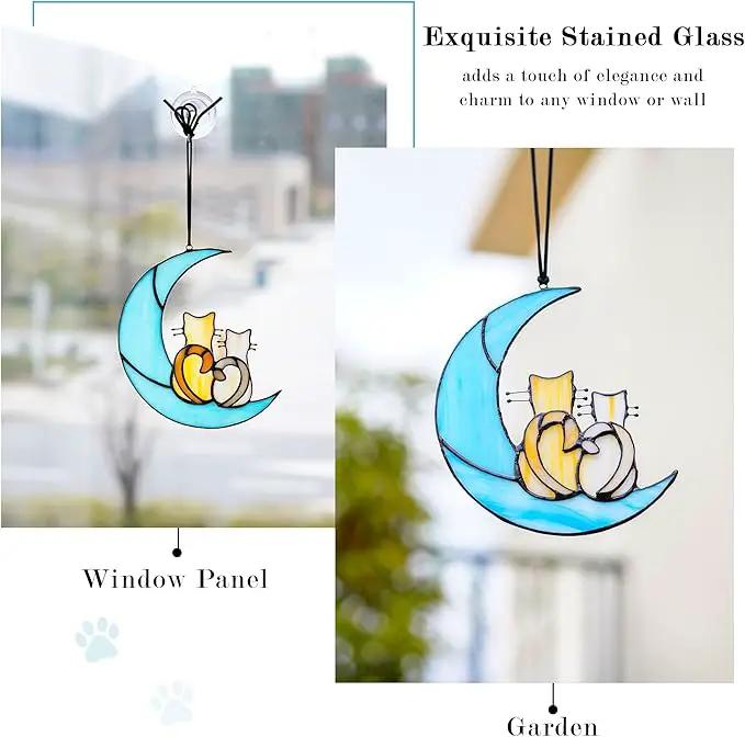 HDCRYSTALGIFTS Couple Cat Sitting on Moon Stained Glass Window Hanging, Modern Art Suncatcher for Window, Wall Decor,Cat Lover Gifts for Women/Girls by GreenHaven Gardens