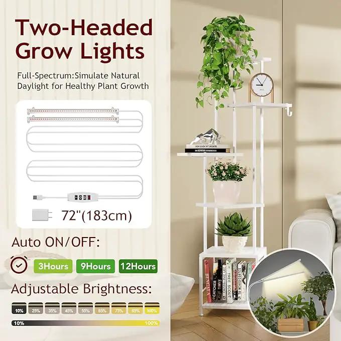 Plant Stand Indoor with Grow Light, 6-Tiered Tall Plant Stand Indoor, Metal Plant Shelf with Hanging Basket Hook and Adjustable Light, Ideal for Living Room, Garden, Patio white by GreenHaven Gardens