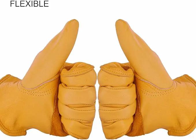 OZERO Flex Grip Leather Work Gloves Stretchable Wrist Tough Cowhide Working Glove 1 Pair (Gold, Large) by GreenHaven Gardens