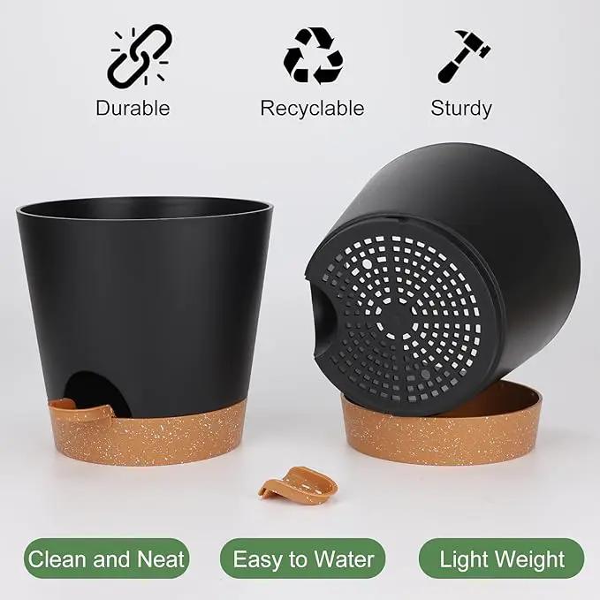 8-Inch Plant Pots, Self-Watering Planters with Drainage Holes & Saucers for Indoor and Outdoor Plants (2-Pack,Black) by GreenHaven Gardens