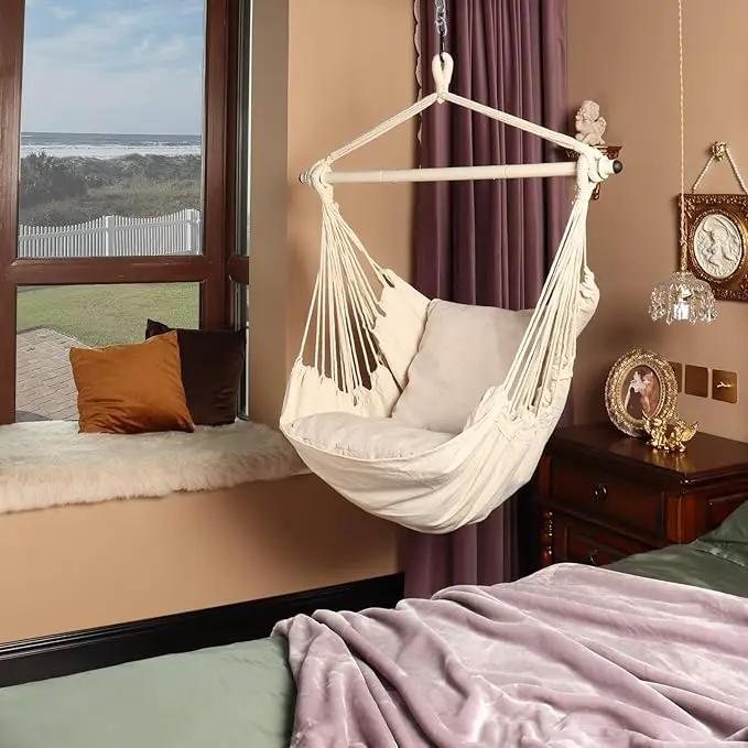 Highwild Hammock Chair Hanging Rope Swing - Max 500 Lbs - 2 Cushions Included - Steel Spreader Bar with Anti-Slip Rings - for Any Indoor or Outdoor Spaces (Beige) by GreenHaven Gardens