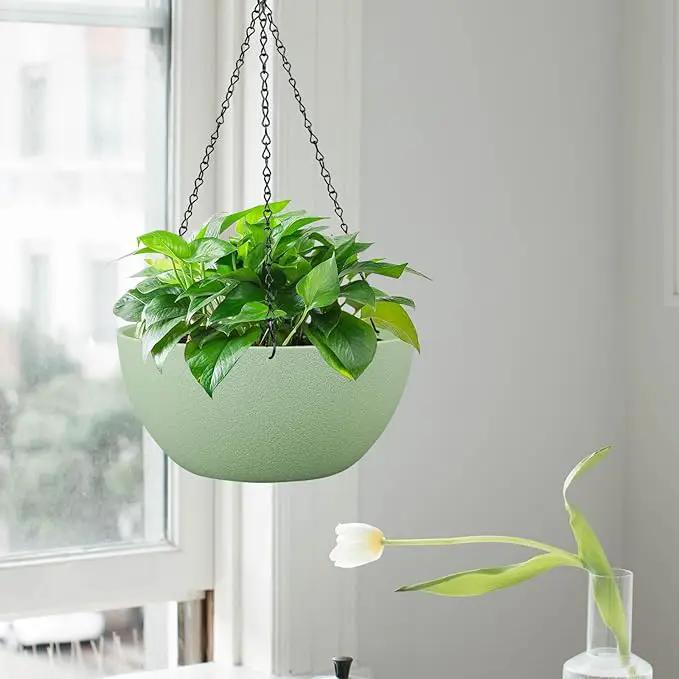 13 inch Large Hanging Planters Plant Pots for Outdoor Indoor Plants with Drainage Holes and Chain, 2 Pack Round Hanging Flower Pots for Garden Home Porch Decor, Green by GreenHaven Gardens