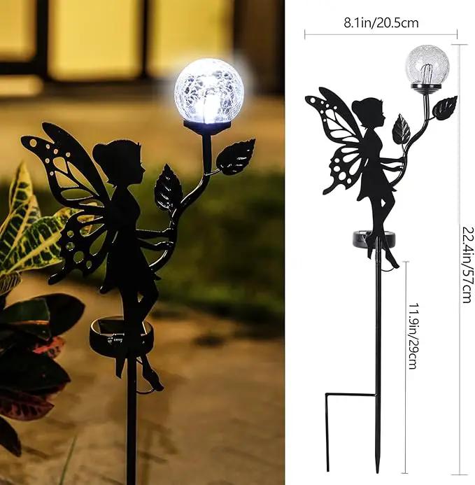 2 Pack Solar Fairy Garden Decor, Metal Fairy Statues with Crackle Glass Globe Solar Garden Lights Outdoor Silhouette Waterproof for Lawn Patio Yard Pathway Gardening Gifts by GreenHaven Gardens