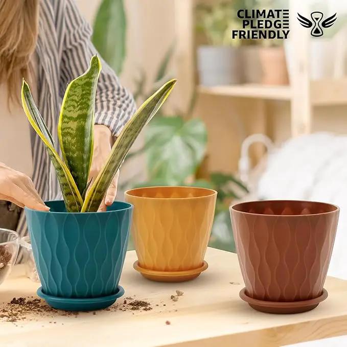 6 inch Plant Pots, 5 Pack Flower Pots Outdoor Indoor, Planters with Drainage Holes and Tray Saucers by GreenHaven Gardens