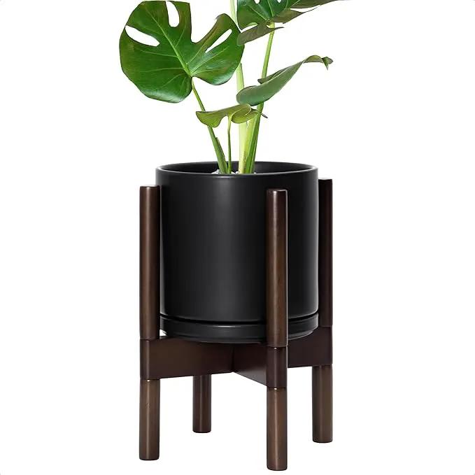 D'vine Dev Ceramic Planter with Walnut Color Stand - 8 Inch Modern Round Flower Pot with Wood Planter Holder, Black, 55-B-Y-2 by GreenHaven Gardens