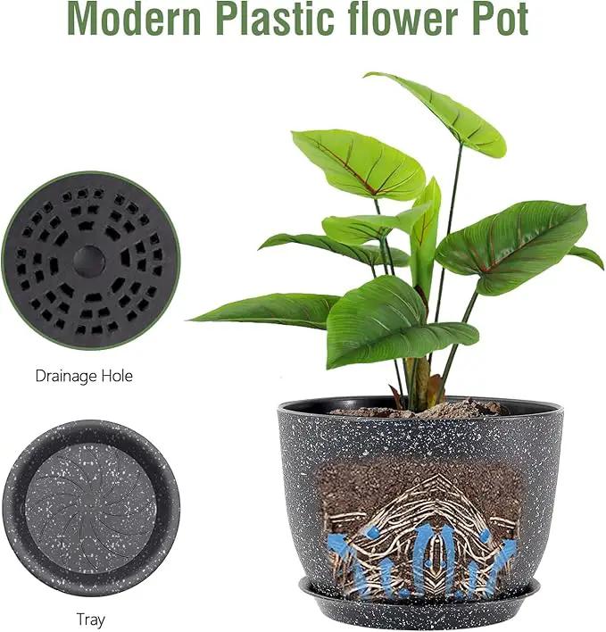 12 inch Big Plant Pots, Plastic Planters with Drainage Holes and Trays, Large Flower Pots for Indoor Outdoor Plants, Modern Decorative Pots for Garden House Plants, Speckled Black by GreenHaven Gardens