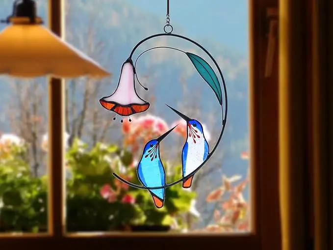 Lolitarcrafts Hummingbird with Flower Stained Glass Suncatcher Bird Stained Glass Window Hangings Hummingbird Gift for Home Decor (Blue 1 Pair) by GreenHaven Gardens