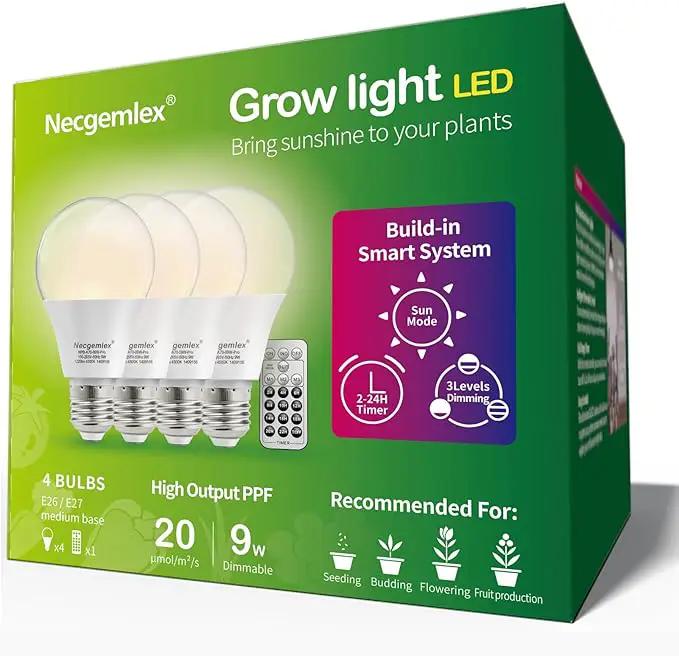 Smart LED Grow Light Bulbs with Remote Controller, Sun Simulation Mode, Built-in Auto Timer, A21/A70 E26/E27 9W Dimmable Full Spectrum Intelligent Plant Grow Bulbs for Indoor Plants, 4 Pack by GreenHaven Gardens