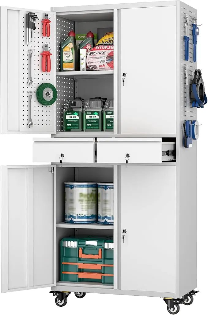 Metal Garage Storage Cabinet with Locking Doors and 2 Adjustable Shelves, Rolling Tool Storage Cabinet with 4 Wheels and 2 Drawer for Garage, Warehouse, White and Gray, Assembly Required by GreenHaven Gardens