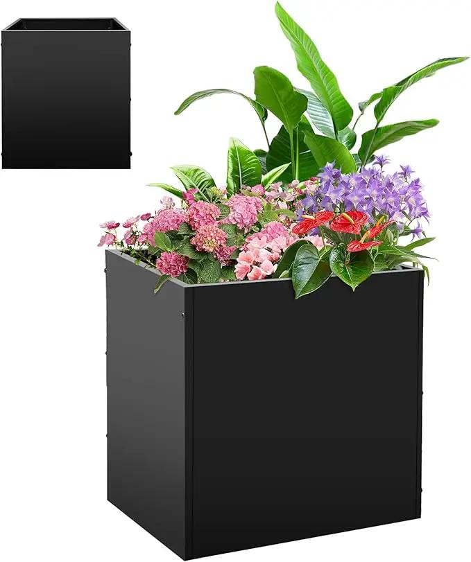 Metal Rectangular Planter Box, Small Planter Boxes Outdoor, 18''L x 18''W x 20''H Heavy Duty Plant Box with Removable Insert Shelf, 3 Tier Adjustable Height Tall Garden Planter for Plants, Flowers by GreenHaven Gardens