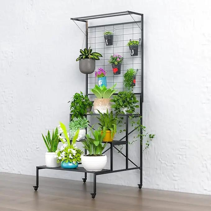 Zhongma 3 Tier Large Heavy Duty Plant Stand with wheels, Tall multi layer Plant Holder with Hanging Plant pot shelf, 35.43 x 33.27 x 80.7inch, Each Tier: 35.43 L x 10.5W, Easy to Hold Large Plant Pot by GreenHaven Gardens