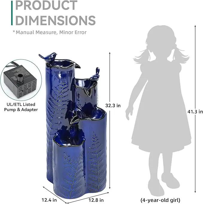 32" H Ceramic Outdoor Water Fountain with LED Lights, 4-Tier Vase Outdoor Fountain, Cobalt Blue Glaze, Embossed Fern Pattern, Cascading Waterfall for Tranquil Garden, Patio, or Porch by GreenHaven Gardens