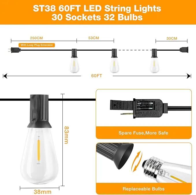 GLUROO 60FT LED Outdoor Patio Lights Waterproof with 30+2 Vintage Bulbs Shatterproof Energy Saving,2700K Hanging Edison String Lights Outside for Backyard,Bistro,Camping,Gazebo by GreenHaven Gardens