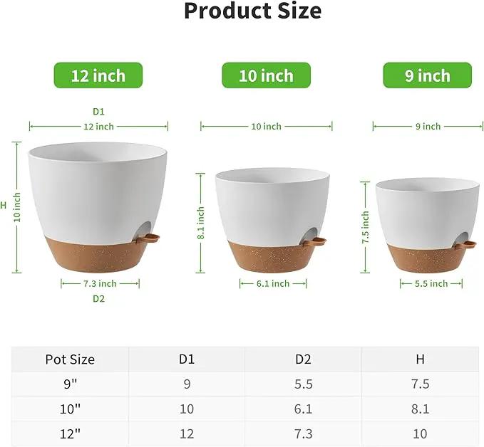 FaithLand 3-Pack Large Planter Pots, 12 10 9 Inch Self Watering Flower Pots for Indoor Outdoor Garden Plants, White with Brown by GreenHaven Gardens