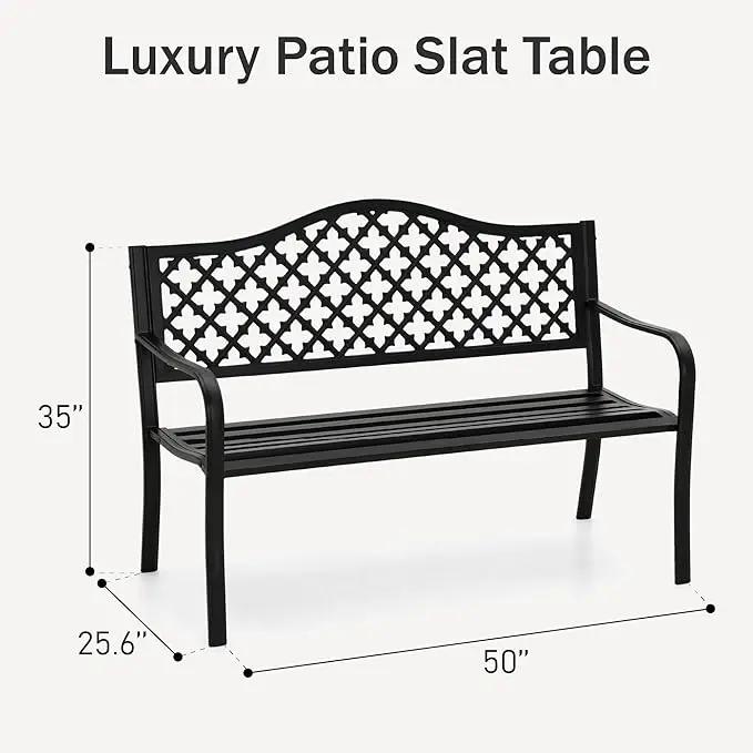 PHI VILLA 50" Outdoor Garden Patio Metal Bench for Outdoors with Plastic Backrest Armrests Sturdy Steel Frame, Black by GreenHaven Gardens