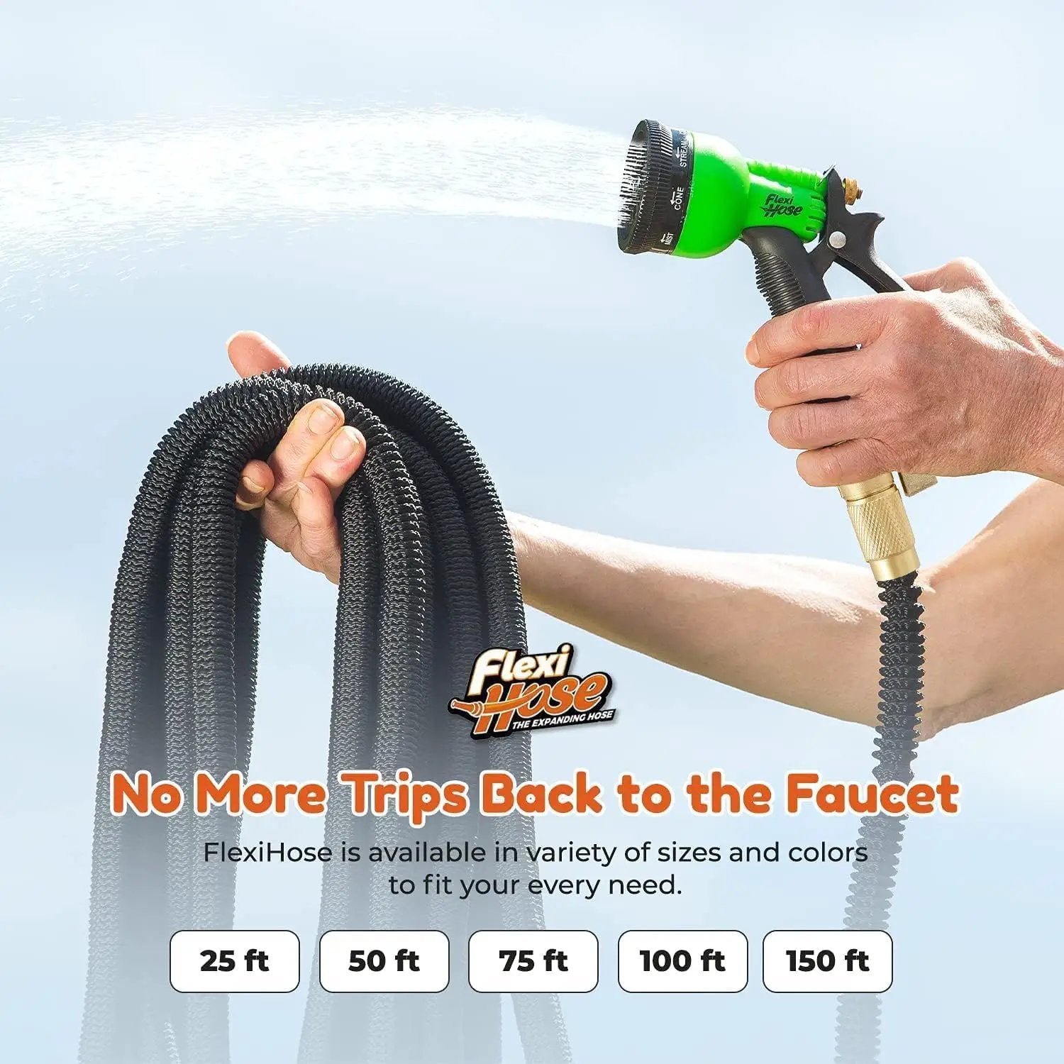 Flexi Hose PLUS with 8 Function Nozzle Expandable Garden Hose, Lightweight & No-Kink Flexible Garden Hose, 3/4 inch Solid Brass Fittings and Double Latex Core, 50 ft Black by GreenHaven Gardens