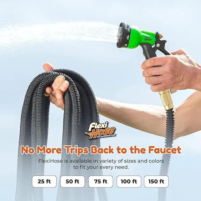 Flexi Hose with 8 Function Nozzle, 25FT - Lightweight Expandable Garden Hose, No-Kink Flexibility, 3/4 Inch Solid Brass Fittings and Double Latex Core by GreenHaven Gardens