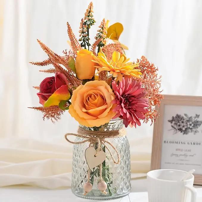 Artificial Flowers with Vase, Faux Silk Flowers Arrangement in Vase, Rustic Home Office Decorations, Farmhouse Dining Table Decor, Coffee Table Centerpiece, Fall Table Plant Decor by GreenHaven Gardens