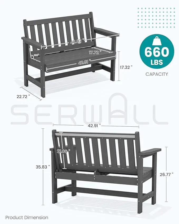 SERWALL Outdoor Bench, HDPE Outdoor Benches Weatherproof, 2-Person Garden Bench with 660 lbs Weight Capacity, Patio Benches for Outdoors, Garden, Porch, Backyard and Park, Grey by GreenHaven Gardens