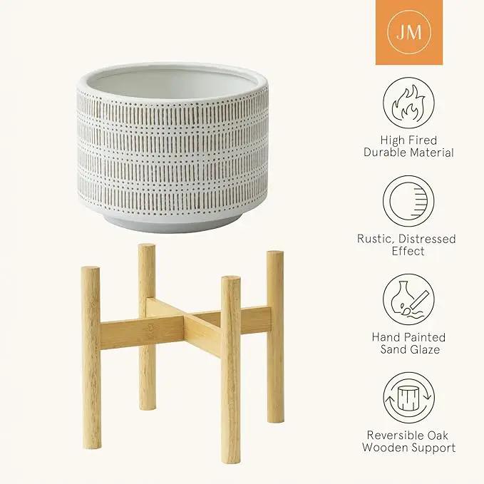 LA JOLIE MUSE Ceramic Plant Pot with Wood Stand - 9.4 Inch Modern Round Decorative Flower Pot Indoor with Wood Planter Holder, Beige & White by GreenHaven Gardens